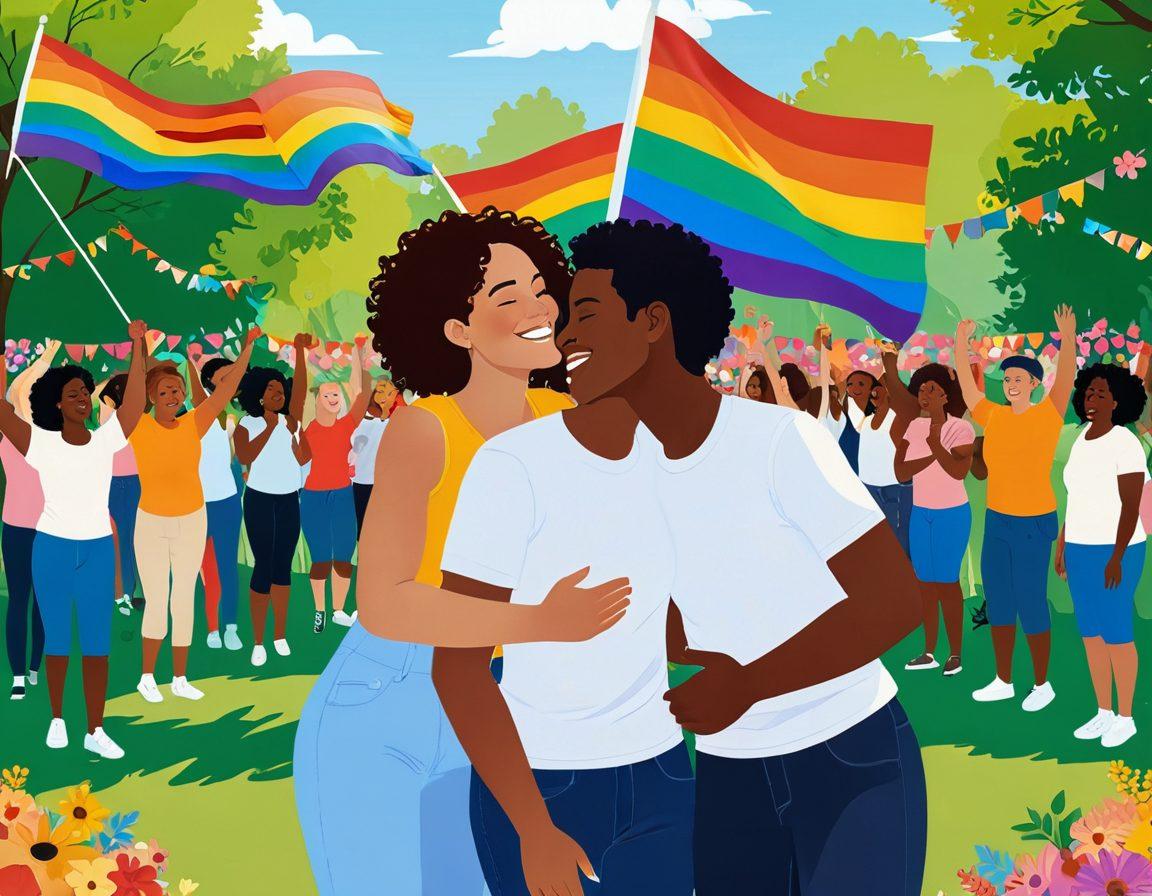 A powerful and colorful illustration capturing diverse lesbian couples joyfully embracing one another in an outdoor setting, surrounded by vibrant flowers and flags symbolizing pride. The background features a sunny park with people organizing a community event, representing inclusivity and empowerment. Radiating warmth and love, each couple displays unique styles and personalities, communicating strength and liberation. Bright colors enhance the sense of celebration and joy. vector art. vibrant colors. sunny background.